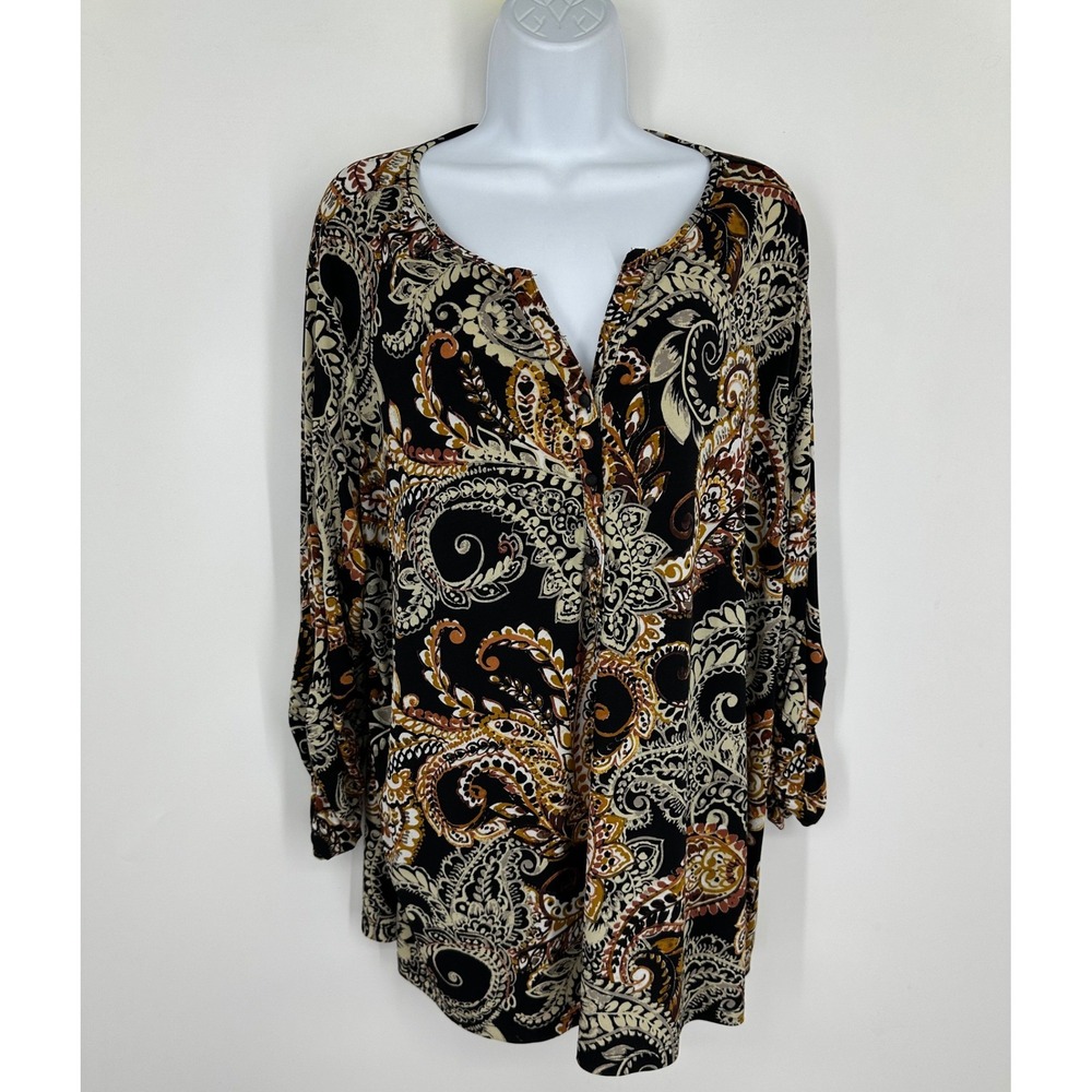 Susan Graver Liquid Knit Paisley Tunic Top Black Gold Size 2X A257953